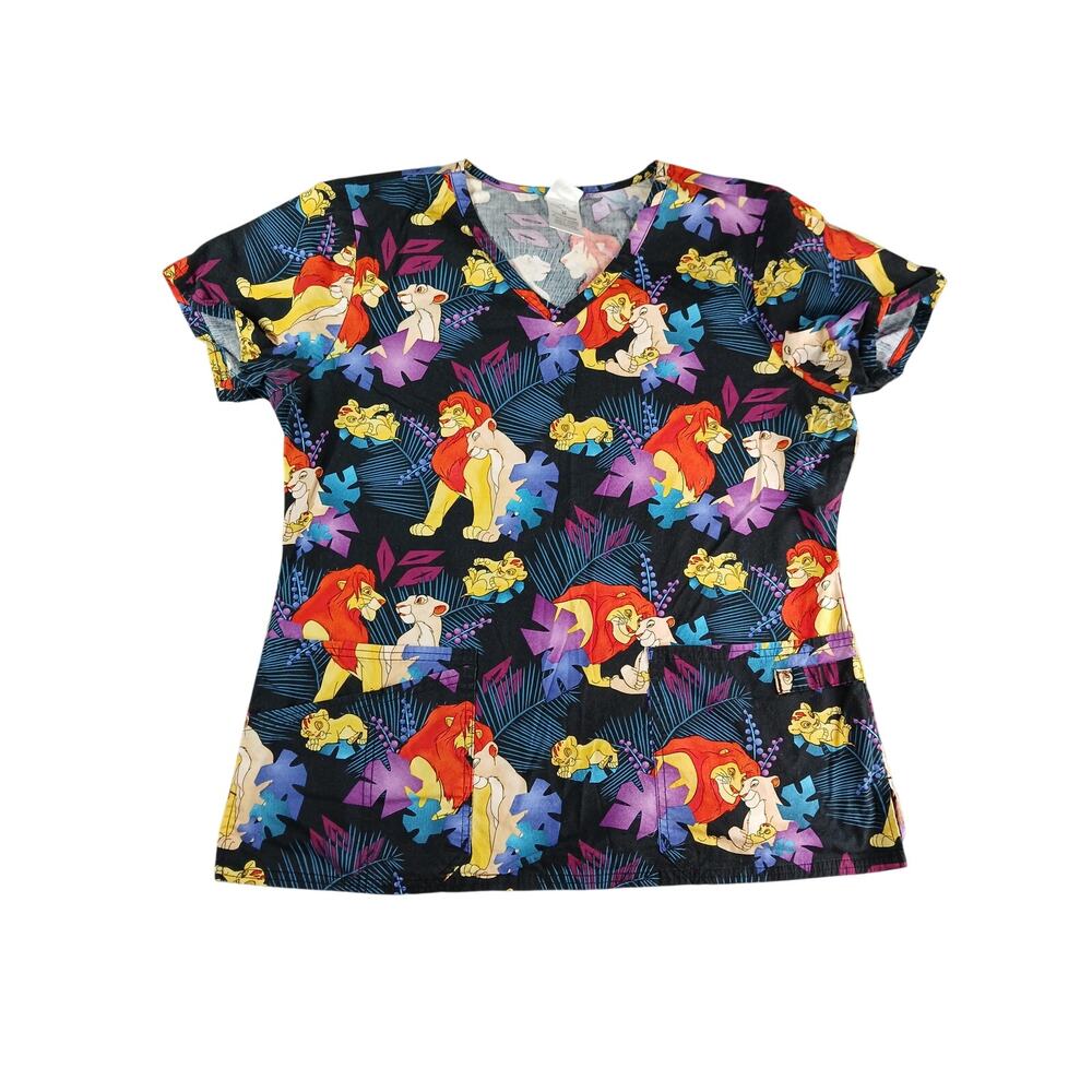 Disney Lion King Scrubs Top Womens Medium Black Short Sleeve Shirt Pockets